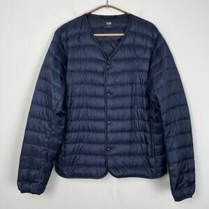 Uniqlo Women’s Size M Puffer Jacket Snap Button Down Filled Collarless V Neck